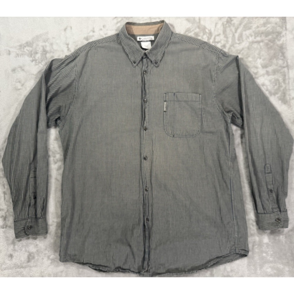 Columbia Shirt Mens XLT Green Check Plaid Button Down Chest‎ Pocket Pleated